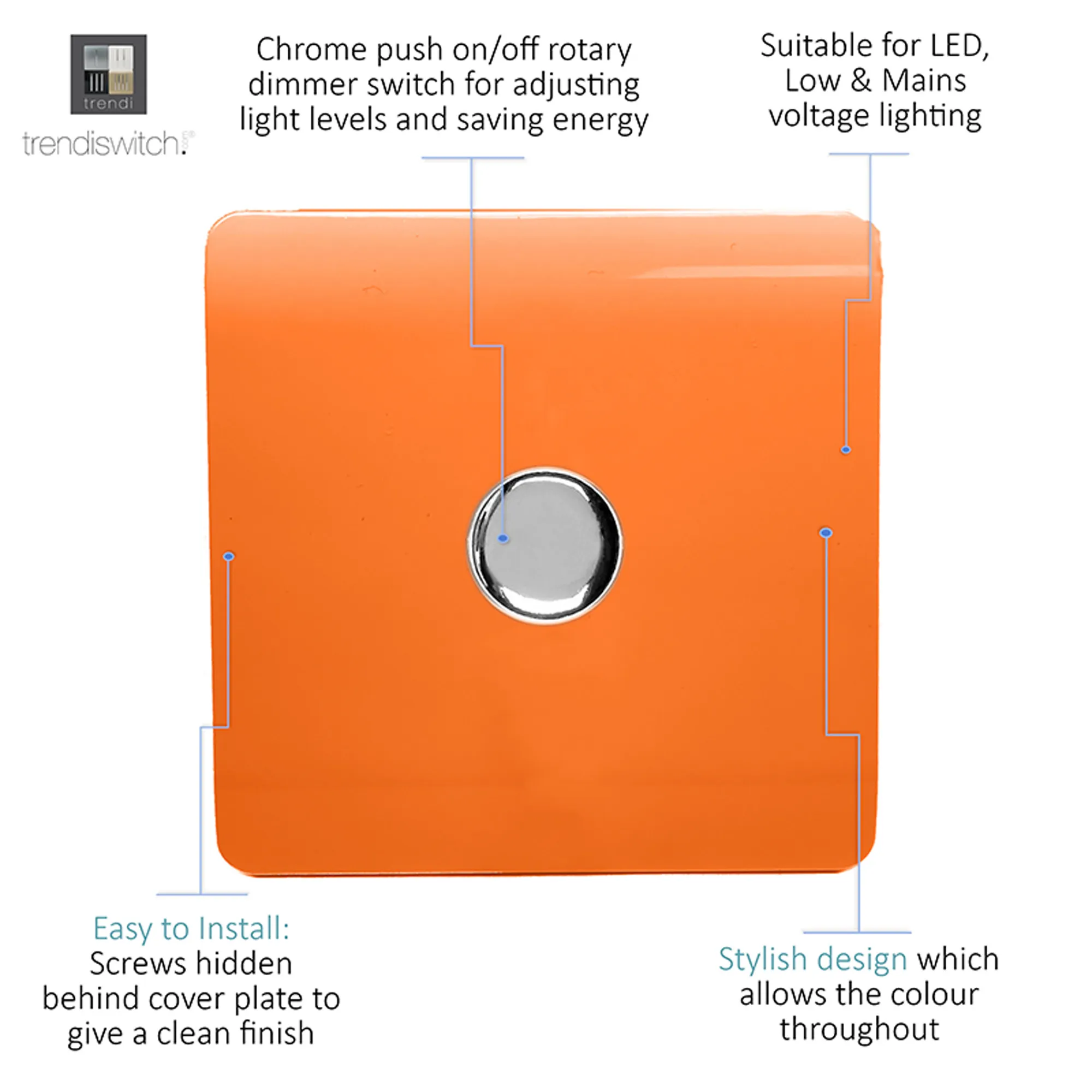 1 Gang 1 Way LED Dimmer Switch Orange ART-LDMOR  Trendi Orange